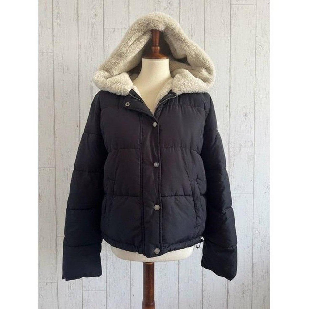 Hollister Puffer Jacket Black Faux Fur Fleece Lined Hooded Coat Size Large